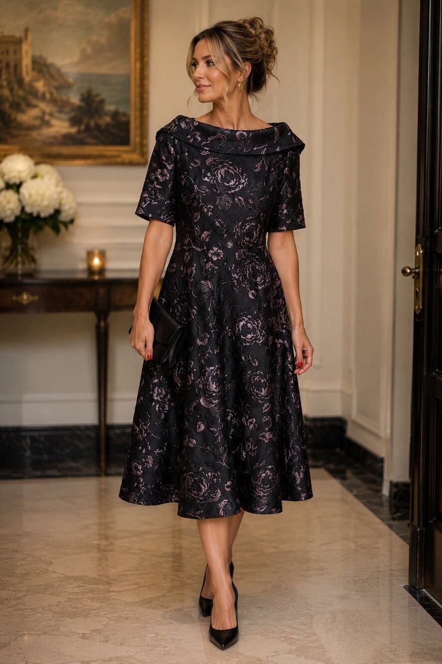 Teri Jon Rickie Freeman Black Metallic Floral Jacquard Floral Midi Dress Size 12